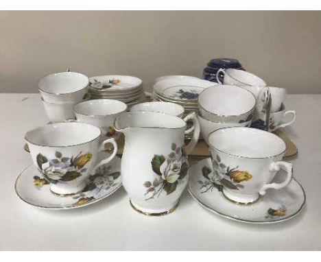 A tray containing a Royal Grafton and a Dorcester china tea service, together with a boxed Wedgwood pin dish and a Maling cas