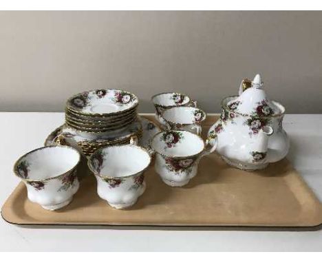 A tray containing a twenty piece Royal Albert Celebration china tea service 