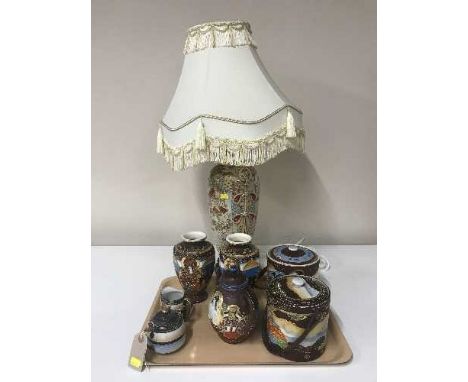 An Oriental table lamp and shade together with 7 pieces of Japanese Satsuma ware