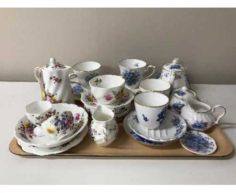 A tray of Louise Liddell bone china tea for one, two Coalport hunting scenes bowls, assorted Coalport china etc 