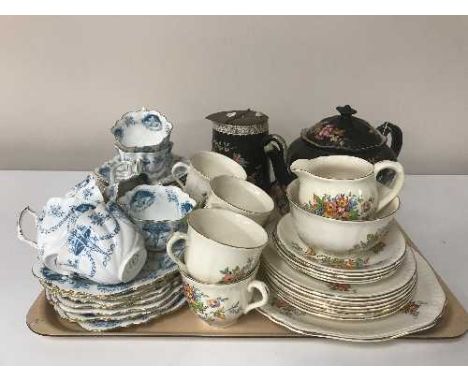 A tray containing antique Balmoral china tea service, together with one other, an antique Adams teapot and water jug on stand