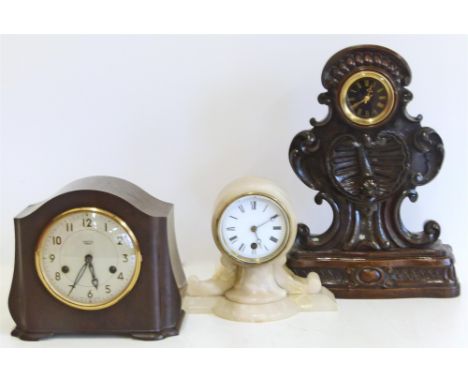 Smiths, Bakelite&nbsp;cased mantle clock, soapstone cased mantle clock and one other Condition reports are not available for 