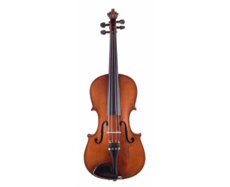 German viola labelled Ruggeri, two piece back, light brown varnish, with case and bow. Length of back 38.4cm.