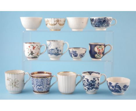 Eight Worcester cups and five tea bowls circa 1770 - 1790, painted with Mansfield, Kempthorne, Rock Strata, patterns as well 