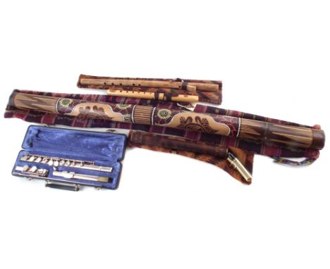 Armstrong flute, with case, also two American Indian flutes, Bamboo Sax and a Didgeridoo which measures 118cm long.