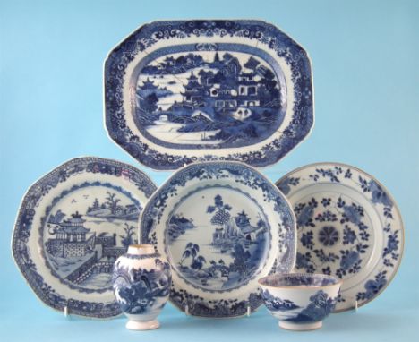 Chinese export porcelain, to include meat plate, two plates, soup bowl, slop bowl and tea caddy, all painted with landscape s