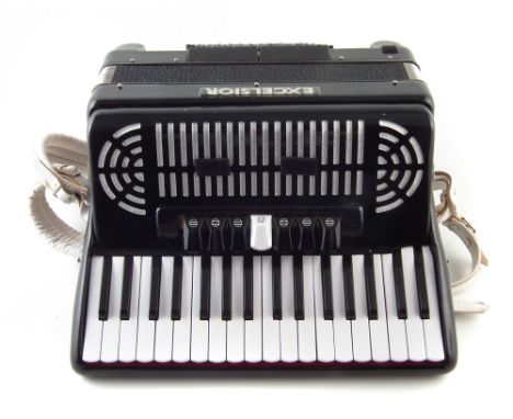 Excelsior 72 key bass accordion, model 272 EE, numbered 415 2 with strap and case which measures 54cm wide