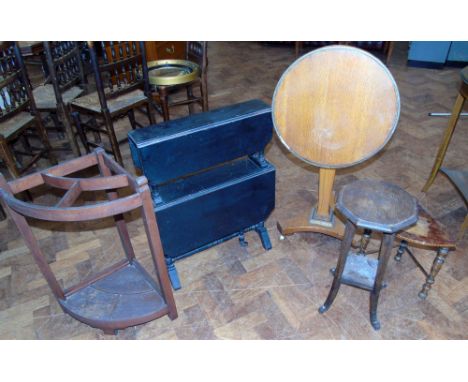 Oak Art Deco tilt-top table, two tier Sutherland table, corner stick stand and two small tables. Condition reports are not av