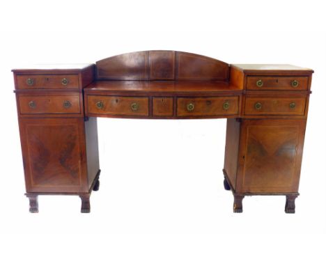 Edwardian mahogany sideboard, two pedestals supporting bow front, drop centre with back board incorporating three drawers, ea