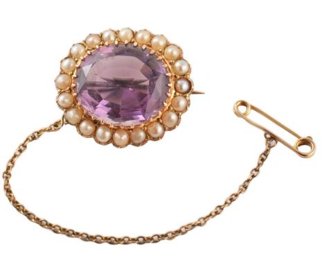 Victorian amethyst and seed pearl oval cluster yellow gold brooch , central oval mixed cut amethyst 16mm x 14mm, claw set, th