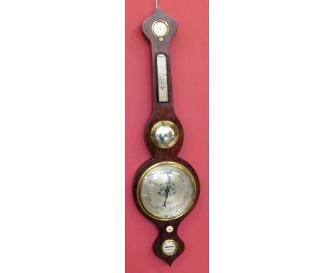 A rosewood wheel barometer with thermometer, mercury gauge, silvered dial and ivory adjusting knob. Condition reports are not