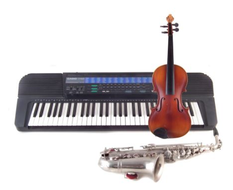 Alto Saxophone, unmarked, also a full size violin in case with bow. and Casio CT-625 keyboard. The saxophone measures 60cm lo