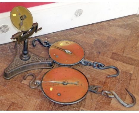 Two large brass potato(or luggage!) scales and a brass and iron wool winder by Taylor Bros, Nottingham. Condition reports are
