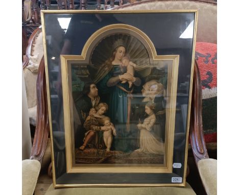 A religious print, 49 x 35 cm, two 1920s portrait photographs in a leather frame, Eastern school, a parade, 30 x 44 cm, and a