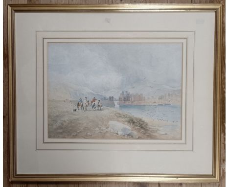 Attributed to David Cox, figures on a path near a fortified town, watercolour, bears a signature and dated 1851, 26.5 x 36.5 