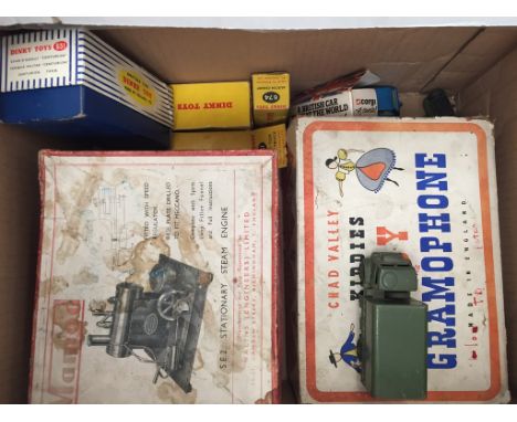A boxed Chad Valley toy gramophone; together with a boxed Mamod steam engine and Dinky toys to inc a boxed army cargo truck, 