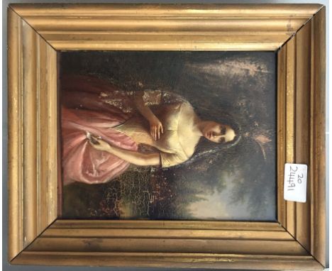 English School (19th century): Portrait of a lady in a landscape, oil on panel, unsigned 