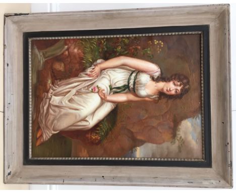 Continental School: Portrait of a a maiden holding a rose in a landscape, oil on canvas, unsigned 
