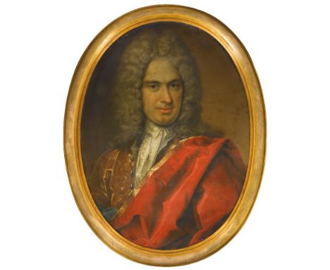 German School (17th/18th Century):
Portrait of a gentleman in a red cape & gold embroidered jacket, oil on copper, H 72 x W 5