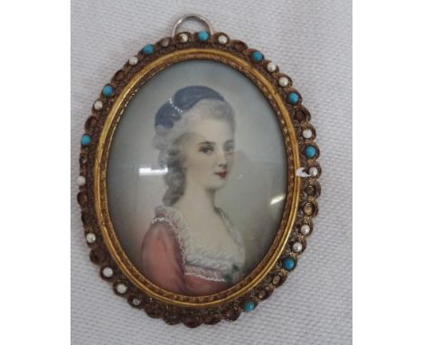 A large portrait miniature depicting a woman in a blue hat