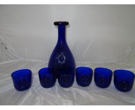 A Holmesgaard blue glass decanter; together with six Viking glasses