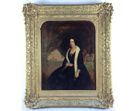 English School (19th century):
A portrait of a lady in a landscape with a church beyond, oil on canvas, 60 x 47 cm    