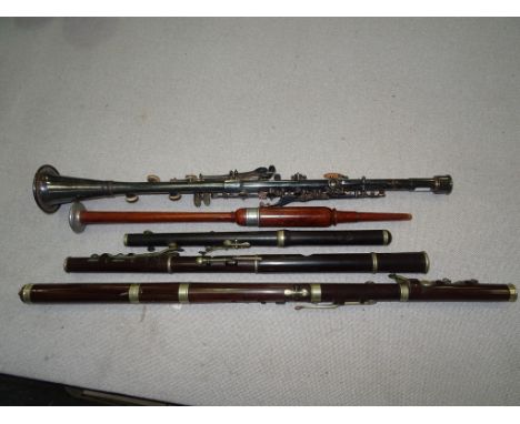 A bagpipe chanter & flutes; together with a Three Star EPNS "Cundy Bettoney" clarinet