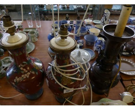 A pair of 20th Century cloisonne vases, later adapted to table lamps, together with a further 20th Century Oriental bronzed f