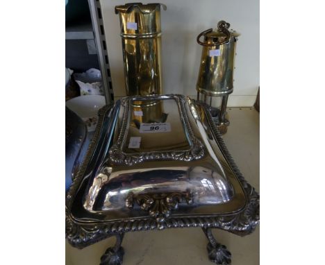 A mixed lot comprising a vintage miners lantern by The Protector Lamp & Lighting Co Eccles, a brass trench art shell case and