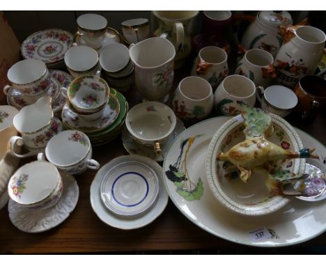 A large mixed lot of various ceramics to include assorted floral teawares, wall mounted model ducks, hunting tea ware and oth