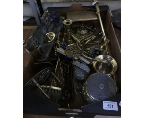 A mixed lot of various assorted brasswares to include candlesticks, trivets, fire tools and other items. 
