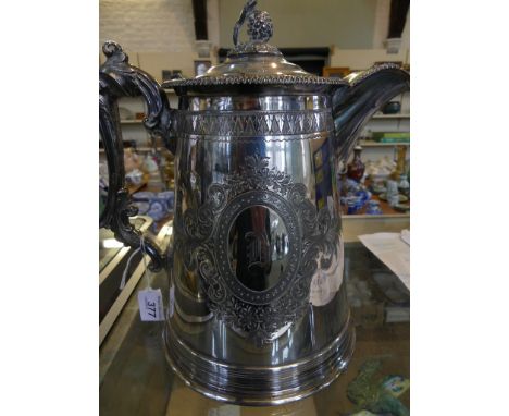 A late 19th century oversized silver plated lidded jugOf tapered cylindrical form, with an applied gadrooned rim, the domed l