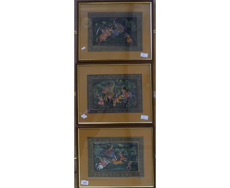 A set of three 20th Century framed Moghul hunting pictures