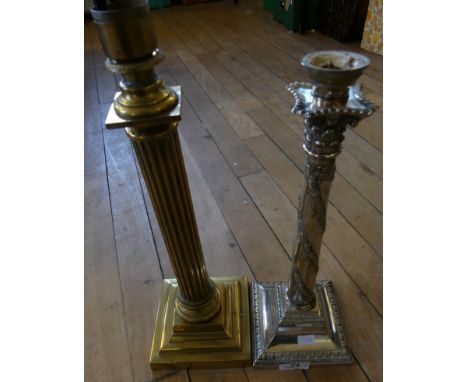 A brass Corinthian column table lamp together with a further silver-plated column table lamp with garland detail (2) (sold el