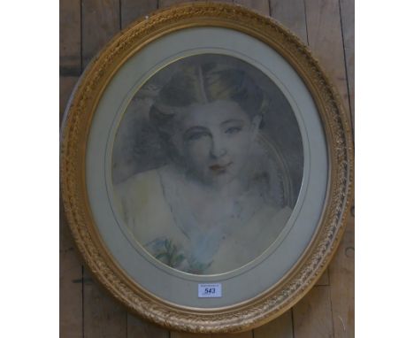 Early 20th Century oval pencil and chalk portrait of a young lady, framed and glazed.