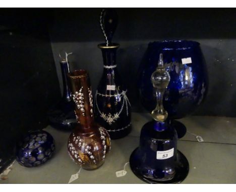 A mixed lot of various glassware to include Bristol blue glass items, including decanter, vases etc.  (6)