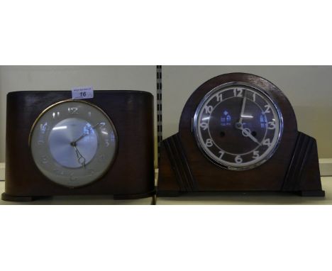 A vintage oak cased time savings clock and a further Art Deco walnut cased mantel clock (2)