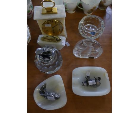 A mixed lot to include a polished stone mantel clock, table lighter and ashtrays together with further glasswares and pewter 