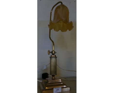 A brass adjustable table lamp with marbled glass shade  (sold electrically untested)