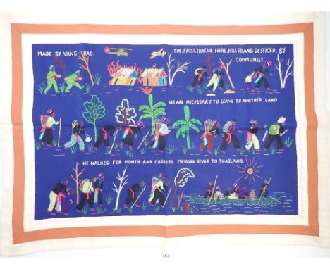 An unusual vintage embroidered panel showing people from Laos escaping the Vietnam War and  Communists to Thailand, with brok