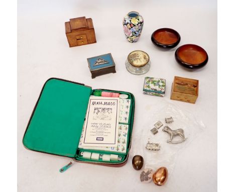 A box of collectables including mahjong set, various boxes and cloisonné vase
