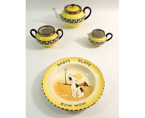 A Burleigh Ware Baby's 'Bow Wow' dog plate and an Art Deco yellow three piece tea set 