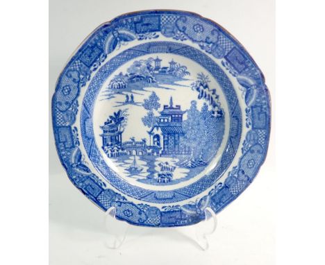 A Swansea porcelain blue and white pagoda and bridge dish with impressed mark, 24cm diameter