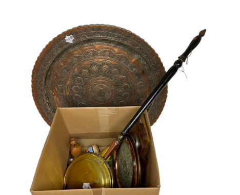 Hallmarked silver collared glass ribbed jar, large circular copper tray table top, three smaller brass and copper trays, bras