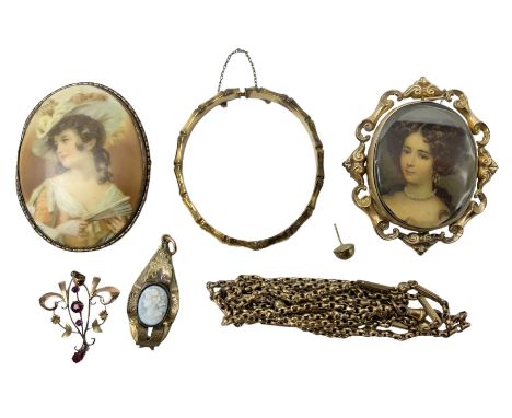 Jewellery, including yellow gold pendant stamped 9ct, bamboo effect bangle, pendant set with a cameo etc