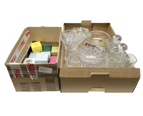 Collection of boxed Royal Collection lidded trinket boxes, together with glassware to include decanters, bowls etc in two box