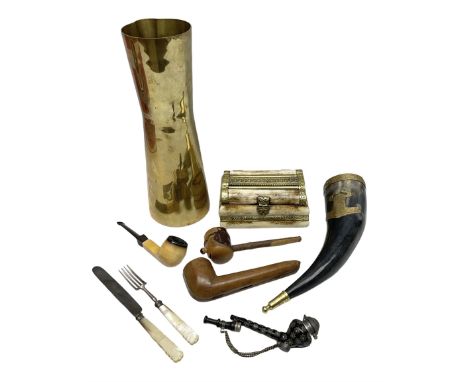 Swiss mountain hunters tobacco pipe with a horn mouthpiece, metal hinged pierced lid and brass chain, the black coated body a
