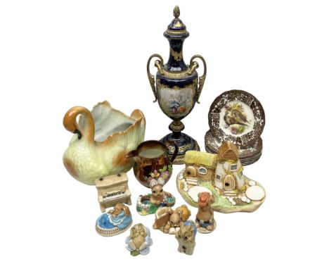 Sevres style vase and cover, the body of baluster form with scrolling gilt metal mounts printed with courting couple scene, t