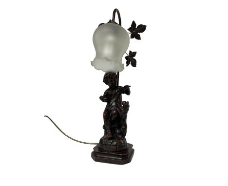 Figural lamp with frilled glass shade, H56cm