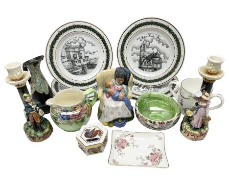 Royal Doulton Sweet Dreams figure, HN 2380, Royal Crown Derby lidded trinket box, pattern 1299, pair of majolica figural cand